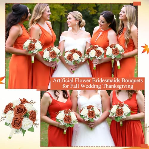 Artificial Bridesmaid Bouquets Set of 6 - Wedding Bouquet Burnt Orange Rose White Babys Breath 7 Inch Flower Bride Bouquet for Wedding Bridal Shower Centerpiece Ceremony Anniversary Fall Decorations - color: Orange & White, size: Set of 6 Bridesmaid Bouqu