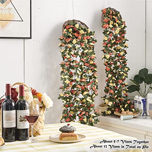 PONKING 8 Pcs x 8.2 ft Flower Garland Artificial Rose Vine Flowers with Green Leaves Hanging Fake Roses Vine for Room Party Home Wedding Birthday Christmas Wall Arch Decor, Champagne Flower - color: Spring-champagne-8pcs, size: 8 Vines 66FT