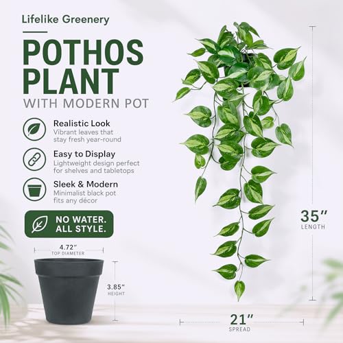 Realistic Artificial Pothos Vines with Pots - Fake Hanging Plants for Indoor Decor, Low Maintenance Silk Faux Greenery(2 PCS)