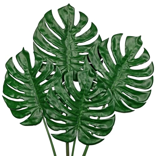 DILATATA 4 Pack Artificial Monstera Leaves with Long Stem for Vase - Fake Tropical Plants Palm Leaves Realistic Philo Turtle Leaves for Home Wedding Party Decor - Large - color: Large Monstera#pe 4pcs