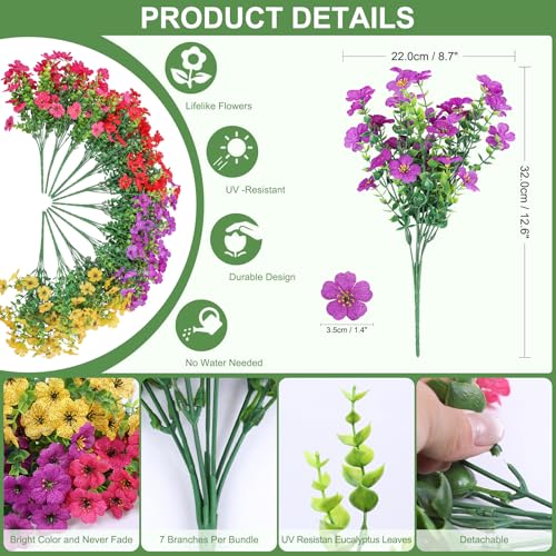 Artificial Fake Flowers Plants for Outdoors, 12 Bundles Multicolor Faux Silk Flower Spring Summer Decoration, UV Resistant No Fade Artificial Outdoor Plant for Home Planter Porch Patio Yard Decor - color: Light Purple,rose,red,yellow
