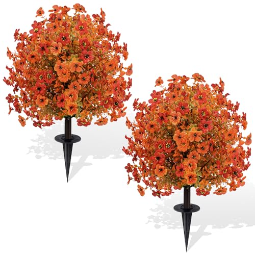 ENVEN Artificial Topiary Ball Trees with Ground Spikes UV Resistant Faux Greenery Shrubs Fake Shrubs for Outdoors, Realistic Faux Plants Bushes for Garden Porch Yard Patio Decor (Orange Small Flower) - color: Orange Small Flower