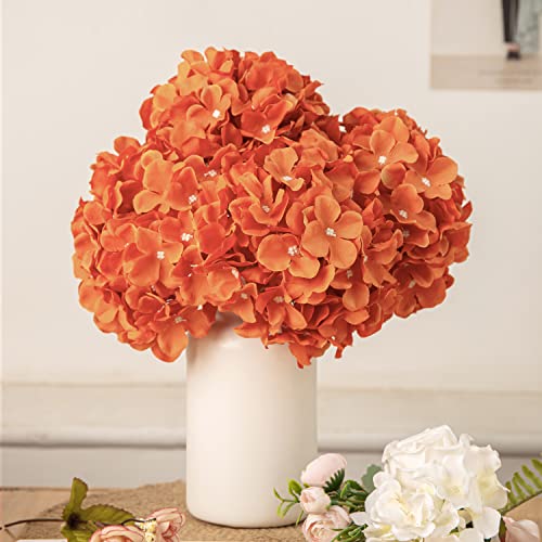 DuHouse Silk Hydrangea Artificial Flower Heads with Stems Fake Hydrangeas Flowers for DIY Wedding Centerpiece Home Decor,Pack of 6(Burnt Orange) - color: Burnt Orange