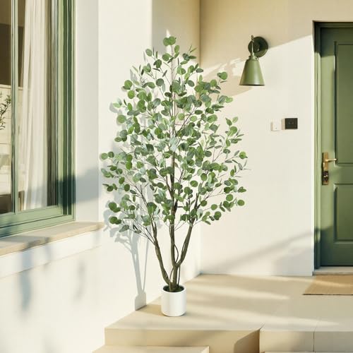 Caxchiling Artificial Eucalyptus Tree 6FT, Fake Tree for Indoor Outdoor, Lifelike Faux Large Floor Plants with Heavy Trunk with Vines and Moss Topper, Home Office Decor for Living Room Bedroom Doorway - color: Eucalyptus, size: 6ft