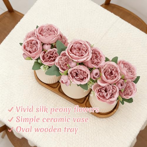 Flower Table Centerpiece - Dining Table Centerpiece Decor Set of 3 Fake Peonies in Ceramic Vases & Wood Tray Modern for Kitchen Island Living Room Coffee Table Home Decor (Dusty Pink) - color: Dusty Pink