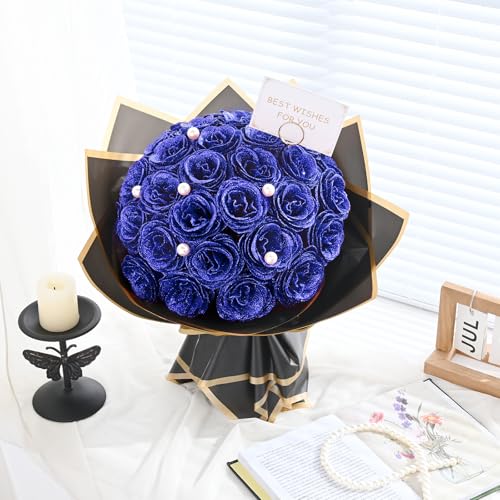 Waipfaru Blue Glitter Roses Bouquet, DIY Fake Flowers Bouquet, Everlasting Shiny Artificial Rose Bouquet for Valentines, Anniversary, Engagement, Wedding, 24 Roses - color: Blue, size: 24pcs
