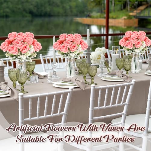 Zeyune 36 Pack Artificial Flowers Centerpiece with Vase Bulk for Wedding Table 24 Bundles Silk Floral Faux Rose Bouquet with 12 Plastic Vase for Bridal Shower Table Decor(Pink) - color: Pink