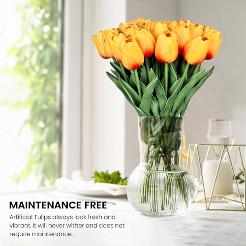 30 PCS Artificial Tulips Real Touch Tulips 13.5inch Long Stem Fake Flowers Silk Flowers for Spring Easter Mother's Day Decorations (Sunset) - color: Sunset