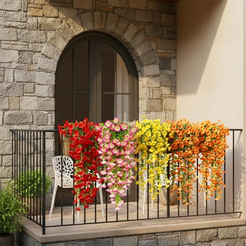 8 Pcs Artificial Hanging Flowers for Outdoors Fake Morning Glory for Home Decoration UV Resistant Mixed Color Greenery and Flowers for Porches Gardens Yard Decor (Warm Color) - color: Warm Color