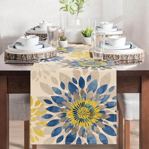 Geometric Dahlia Flower Dining Table Runner, Blue Yellow Floral Modern Art Burlap Kitchen Decoration, Spring Summer Farmhouse Indoor Outdoor Home Decor Party Supply 13 x 90 Inches - color: Dahlia, size: Table Runner 13''X90''