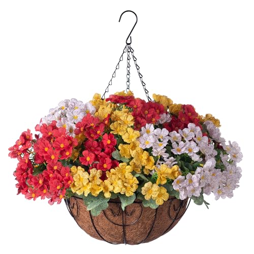 Artificial Fake Hanging Plants Flowers Basket for Spring Outdoor Decoration, Faux Silk Daisy UV Resistant Look Real with Eucalyptus Leaves Summer Decor for Home Patio Garden Outside(Red White Yellow) - color: Red White Yellow
