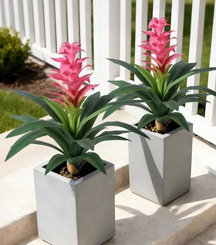 Ivydale Fake Flowers Plants for Outdoors, 2 Pcs 16.93" Bromeliad Artificial Flowers Uv Resistant Realistic Faux Flowers for Outdoor Planters Outside Porch Patio Yard Garden Indoor Decoration(Pink) - color: Pink