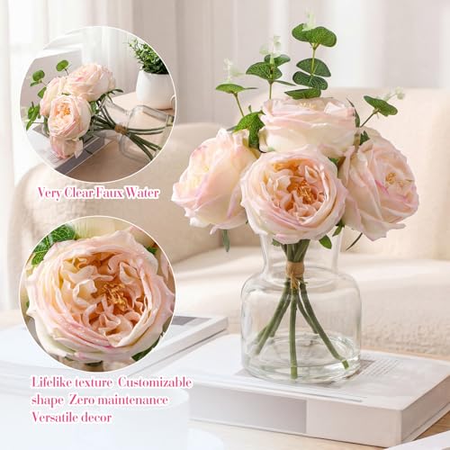 Norme Real to Touch Penoies Artificial Flowers, 6 Pcs Faux Austin Rose in Vase with Big Bloom and Fake Water Real Latex Petals for Wedding Dining Table Centerpiece Home Decor(Light Pink) - color: Light Pink