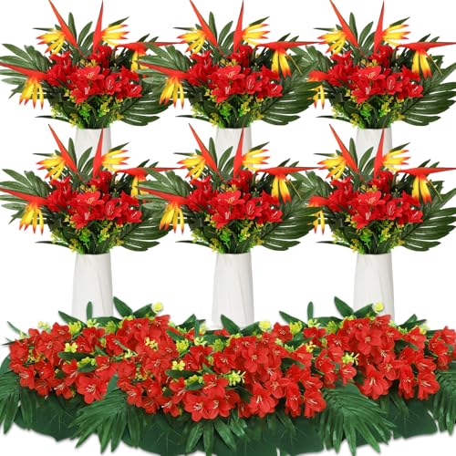 Hotop 4 Set/ 16 Pcs Artificial Tropical Flower Bouquets Bulk for Hawaii Centerpieces Bird of Paradise Lily Bouquet Permanent Flower Tropical Plant Party Office Home Decor (Bright Red) - color: Bright Red