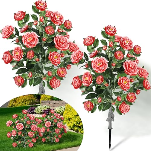 Lunmon 2 Pack 3ft Artificial Camellia Plants Tree 36" Faux Camellia Flower with Spike UV Resistant Realistic Fake Floral Blooming Bush for Indoor Outdoor Front Door Porch Backyard Garden, Red White - color: Red White Bicolor, size: 3 ft