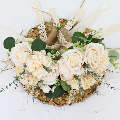 Boho Bridesmaid Bouquets for Wedding, 9 Inch Artificial Flowers Bouquets for Ceremony Anniversary Centerpieces Decorations, Roses - Beige - color: Beige, size: Set of 1 Bridesmaid Bouquets