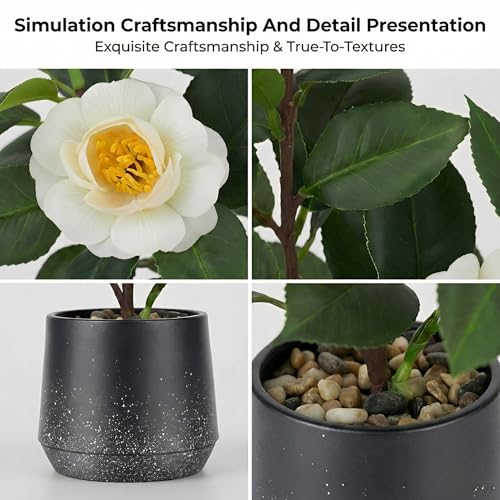 Gresorth 12" Artificial Small Camellia Flowers Tree Potted Fake Plants Bonsai Decoration Realistic Landscape Display for Home Office Table Livingroom 2 Pack - color: A - With Flowers