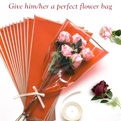 Wzifyf 50 PACK Flower Bags for Bouquets Flower Bouquet Holders Red Floral Wrapping Paper flower Sleeves Build Your Own Bouquet Bar with 72 Ft Ribbons for Valentine's Day Packaging Supplies - color: Red, size: bouquet wrap