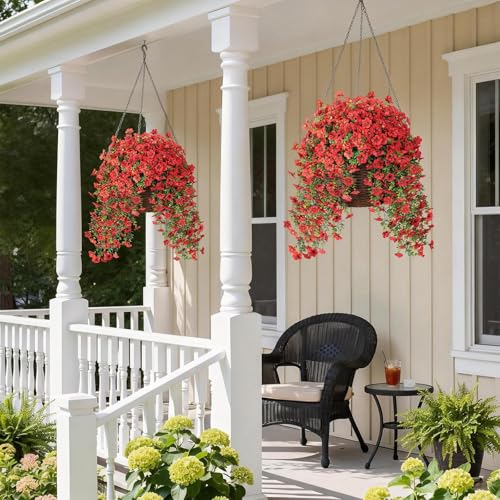VIERENA 4 Bundles Artificial Hanging Morning Glory Flowers for Outdoor, Realistic Hanging Flowers Silk Fake Morning Glory with Faux Eucalyptus for Yard Garden Porch Patio Balcony Home Decor (Red) - color: Red