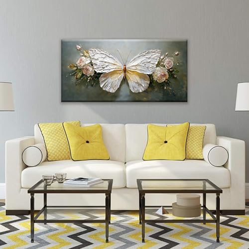 Modern Abstract Artwork White Simple Butterfly And Rose Wall Art Decor Canvas Prints Art Work For Wall Decor For Bedroom Living Room Apartment Kitchen Bathroom Office 20x40 Inch - color: White, size: 40"L x 20"W