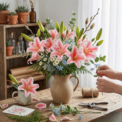 6PCS Artificial Lilies 26.7" Silk Lily Flowers with 12 Heads Fully Bloomed Lilies and 18 Buds, Long Stem Fake Lilies for Home Party Wedding Easter Decor(Pink) - color: Deep Pink