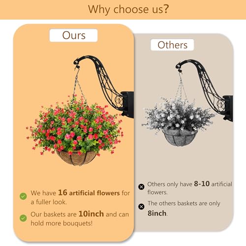 NETAP Artificial Hanging Flowers Basket for Outdoor, 16 Fake Flowers Look Real UV Resistant, Faux Hanging Plants for Porch, Balcony, Patio, Garden, Spring Summer Decor,Red - color: Red
