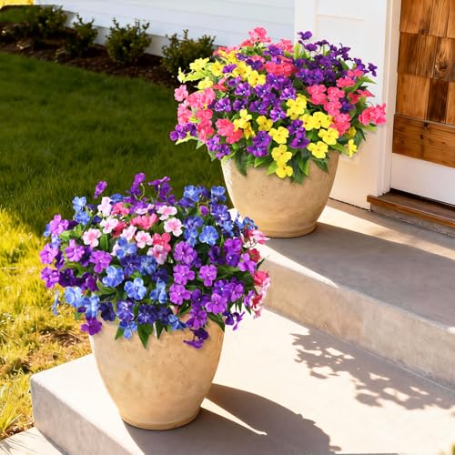 Artificial Impatiens Flowers for Outdoors, 6 Bundles Multicolor Silk Fake Flowers for Spring Summer Decoration, UV Resistant Faux Plants Plastic Bouquet for Home Planter Porch Patio Yard Decor - color: Double-purple,pink,blue