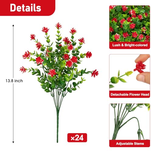 Roberly 24 Bundles Artificial Flowers for Outdoors, UV Resistant Eucalyptus Fake Flowers Shrubs Greenery Plastic Plants for Garden Porch Window Box Farmhouse Indoor Home Decor,Red - color: Red
