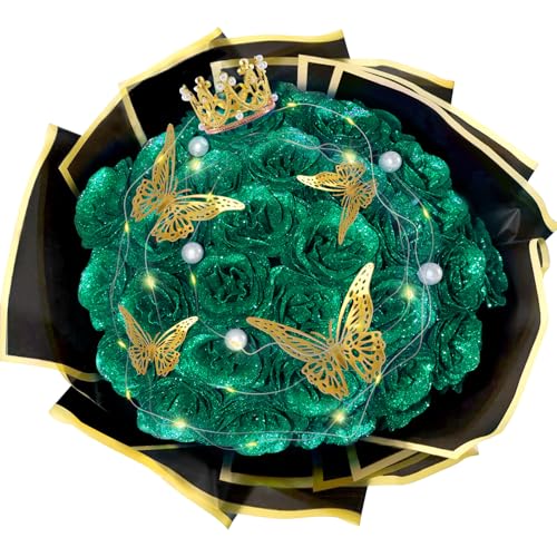 Dark Green Glitter Roses Bouquet, 24 Pcs Shiny Glitter Flowers Bouquet, Everlasting DIY Artificial Roses Bouquet for Christmas, Birthday, Anniversary, Wedding, Engagement - color: Dark Green-a, size: 24 PCS