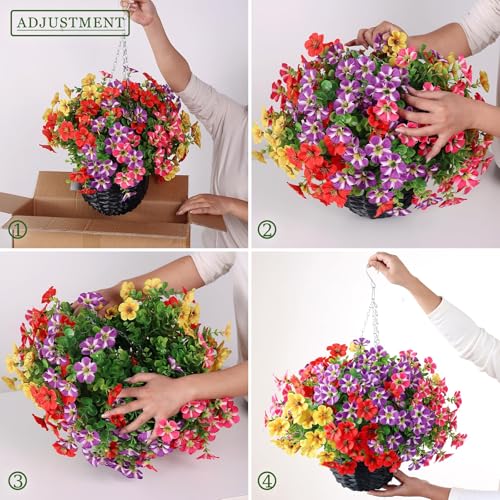 VIERENA 2 Sets Artificial Morning Glory and Eucalyptus Hanging Basket for Outdoor, UV-Resistant Fake Flower Hanging Basket, Suitable for Porch, Aisle, Garden, Patio, Eaves Decor (Mixed Color) - color: Mixed Color