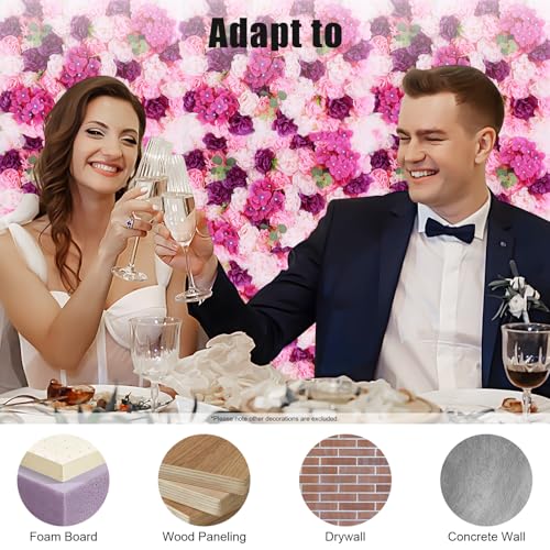 Flower Wall Panel Floral Backdrop, 6 Pcs Flower Wall Decor, 24" X 16" Silk Artificial Flowers Backdrop Faux Rose Panel for Wedding, Party, Home (Pink+Purple) - color: Pink+purple
