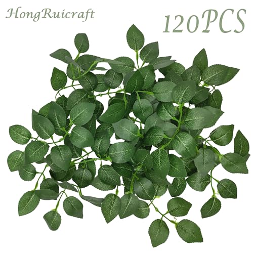 120PCS Artificial Rose Leaves, Decorative Greenery Foliage, Set of Stems Bulk Silk Greenery Fake Rose Flower Leaves for DIY Wedding Bouquets Bridal Shower Centerpieces Home Decorations