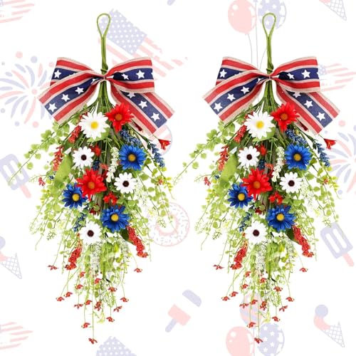 24inch Patriotic Red, White and Blue Floral Swag Wreath for Front Door Patriotic American Floral Teardrop Swags 4th of July Independence Day Rings Wreaths for Pillars Porch Wall Window Decor - color: Daisy Swag