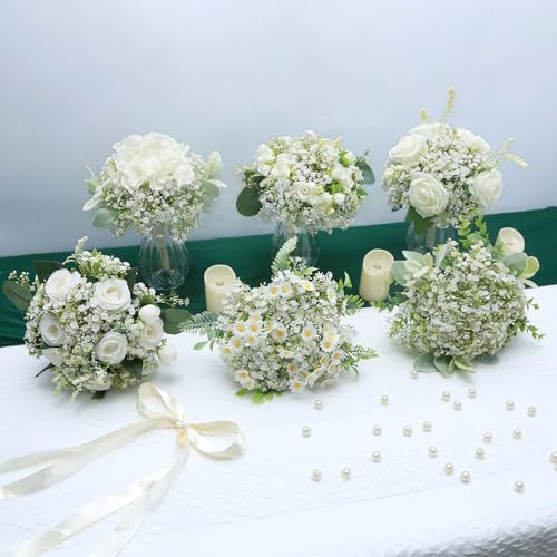 Artificial Bridesmaid Bouquets Set of 6 - Ivory White 9 Inch Various Flower Bouquet for Wedding Party Ceremony Anniversary Dinning Table Centerpieces Decor Faux (with Ribbon) - color: Various