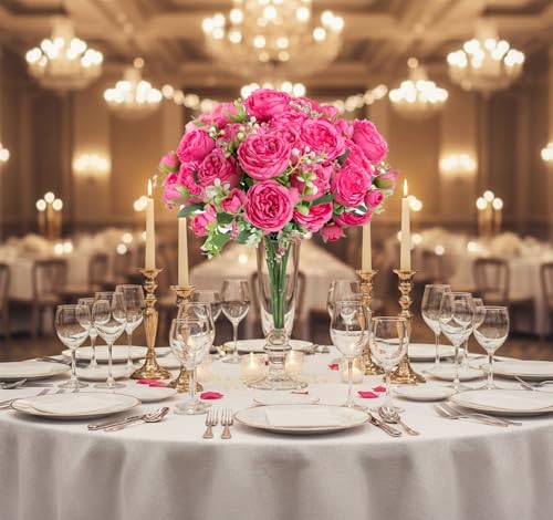 Peonies Artificial Flowers 12 Bundles Pink Flowers Bouquet, Lifelike Silk Fake Peonies with Stems for Home Table Centerpieces, Wedding, Party & DIY Bridal Floral Arrangements (Rose red) - color: Rose Red