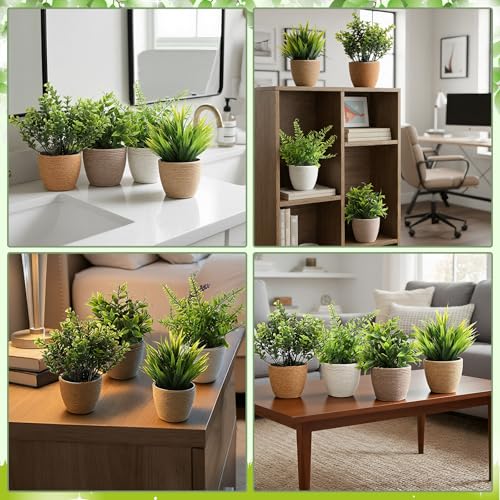 Suncalla 4 Pcs Boho Woven Artificial Plants, 8.7" Small Faux Eucalyptus in Woven Planters, Waterproof Fake Potted Greenery for Farmhouse Bathroom Home Office Shelf Decor