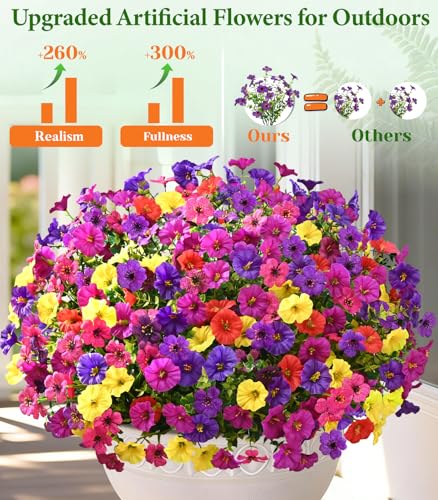 Yastouay Artificial Flowers for Outdoors, 22 Bundles UV Resistant Artificial Outdoor Flowers, Realistic Fake Outdoor Flowers Plant Faux Flowers for Outdoor Planters Front Porch Patio Window Box - color: Purple+fuchsia+deep Purple+red+yellow, size: 22 Bund