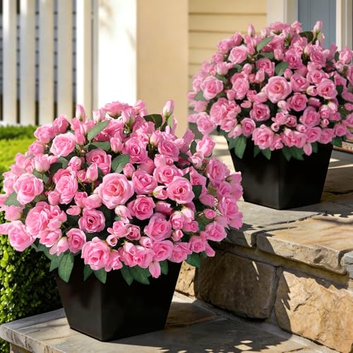 Juxdp 8 Bundles Artificial Roses, Realistic Silk Bouquet Flower(Pink) | Fluffy and Vivid, Fade-resistant, Faux Rose Plants, for Front Door/Garden/Farmhouse/Home/Outdoor/Spring/Summer Decor - color: Pink