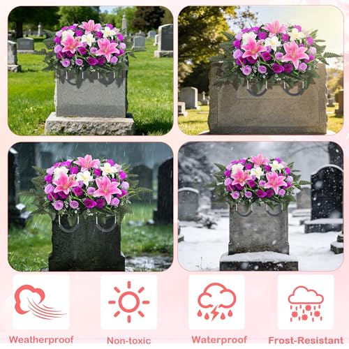 Cemetery Flower Saddle - Grave Flowers for Cemetery,Artificial Rose, Lily & Orchid Arrangement for Headstone - All-Weather Grave Decor for Outdoor Tombstone Headstone Decorations (Purple) - color: Purple