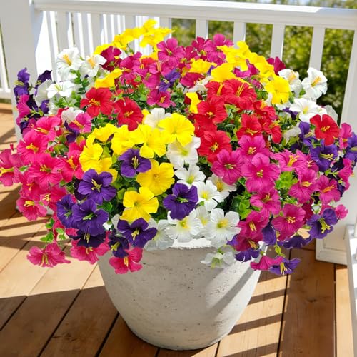 Artificial Flowers for Outdoors Decoration, 12 Bundles Fake Silk Morning Glory with Faux Plastic Eucalyptus UV Resistant for Outside Front Door Porch Planters Patio Garden Decor (MultiColor 2) - color: Multicolor 2