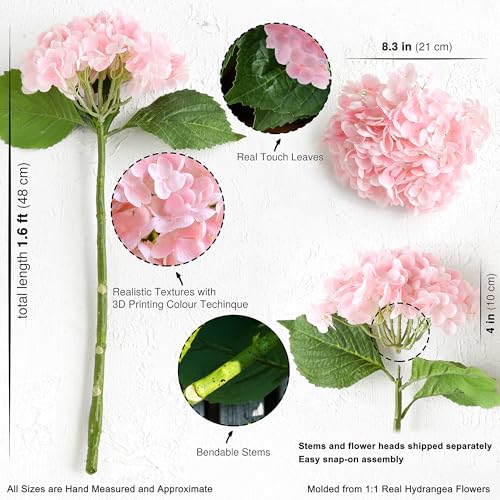 FiveSeasonStuff Real Touch Silk Pink Hydrangea Flowers, 2 Large Long Stem Artificial Flowers for Floral Arrangements - color: Pink (2 Stems)