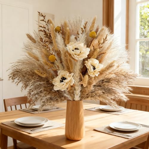 Boho Pampas Grass for Vase Filler Fluffy Natural Dried Flowers Arrangements with Bunny Tails Reeds Gold Billy Balls Artificial Peony for Home Table Farmhouse Rustic Western Wedding Decor