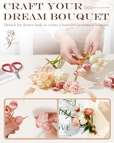 24Pcs Ranunculus Artificial Flowers, Faux Ranunculus Flowers Bulk, Fake Peonies Look Real - 4 Blooms per Stem, Silk Flowers Bouquets for Wedding, Decor - Perfect Match to Tulips & Peonies, Dusty Rose