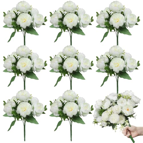 8 Bundles Artificial Peonies Silk Flowers White Faux Peony Bouquet Florals Arrangements Decor for Farmhouse Home Boho Bridal Wedding Table Centerpiece Decoration (White) - color: White