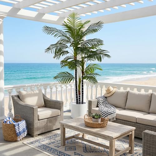 2Pack-7FT Artificial Palm Tree Outdoor, UV Resistant Tall Fake Areca Palm Plants in Black Pots, Tropical Triple Silk Large Faux Tree Indoor House Office Living Room Outside Patio Decor - color: 7ft*2-b