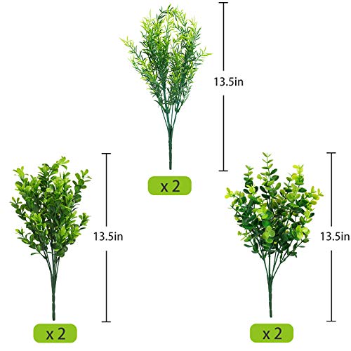 Ouddy Decor 6 Bundles Artificial Greenery Stems Mixed Fake Plastic Plants Eucalyptus Rosemary Faux Magnolia for Outdoor Indoor Garden Home Window Box Decor - color: Green