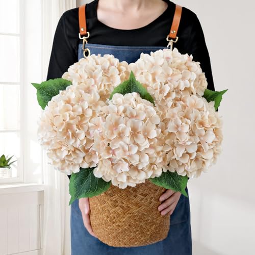 JINWOE 5Pcs Silk Hydrangea Artificial Flowers, 20Inch Light Coffee Boho Large Lifelike Flowers, Porch Halloween Artificial Hydrangeas for Bouquet Table Centerpieces Floral Arrangements Home Wedding - color: Light Coffee