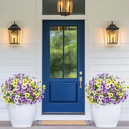 MARTINE MALL 12 Bundles Look Real Artificial Flowers for Outdoors, Realistic Fake Outdoor Flowers, UV Resistant Silk Pansy Flowers for Outside Faux Flower Plants for Outdoor Porch Garden, Mixed Colors - color: Yellow+white+purple, size: 12 Bundles
