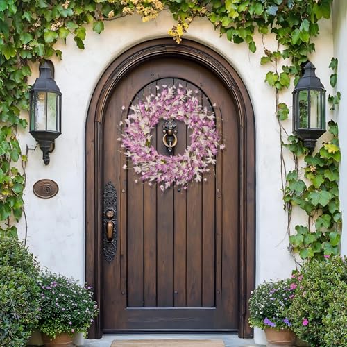 24 Inch Artificial Purple Forsythia Flower Wreath, Lavender Silk & Paper Bridal Floral Wreath for Front Door, Romantic Spring Summer Decor, Elegant All Season Farmhouse Porch Wall Decoration - color: Purple