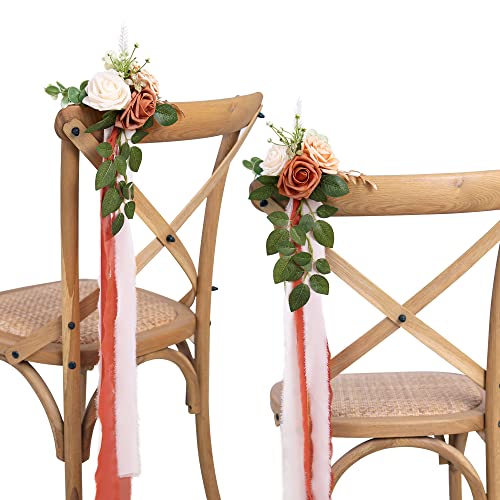 Wedding Aisle Decorations for Wedding Ceremony Set of 10 Pew Flowers for Church Chair Decorations Party Decor with Artificial Flowers Eucalyptus and Ribbons Terracotta - color: Terracotta